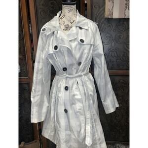 Merona Gray and white Plaid trench Coat Women's Size L‎